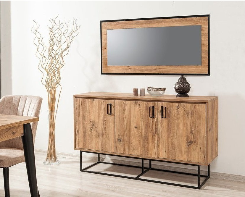 Aparador mueble TV de madera maciza de mango y patas de metal dorado