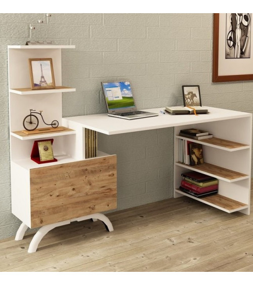 PEGANE Bureau avec étagère intégrée Coloris Blanc Artic/chêne Canadien -  Hauteur 144 x Longueur 120 x Profondeur 53 cm : : Cuisine et Maison