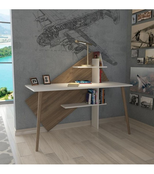 Homemania - HOMEMANIA Bureau Madelon avec Bibliothèque Intégrée, Étagères -  pour Bureau, Chambre - Noyer, Blanc en Bois, 120 x 60 x 151,8 cm - Bureaux  - Rue du Commerce