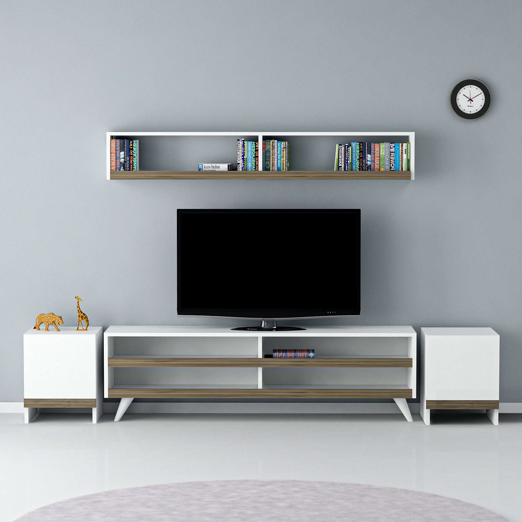 Ensemble meuble TV GAMZE 120 cm blanc et noyer- Décoration séjour