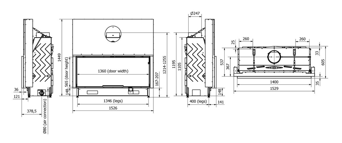 Inserto para chimenea de leña con puerta de guillotina 21 kW MB 160 cm