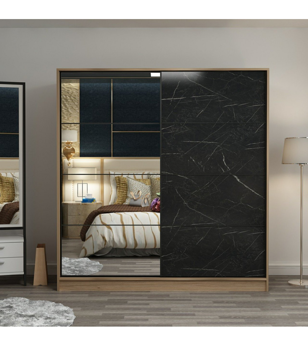 Armoire 2 portes coulissantes chêne-marbre avec miroir 190x60x180 cm