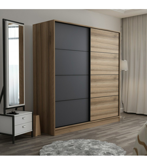 Armoire 2 portes coulissantes bois, 1 miroir central MULTY