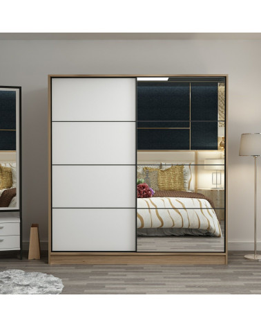 Armoire Coulissante Miroir 2 Portes Dore Blanc 190 x 60 x 180