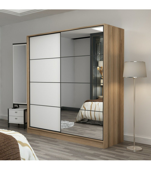 Armoire Coulissante Miroir 2 Portes Dore Blanc 190 x 60 x 180