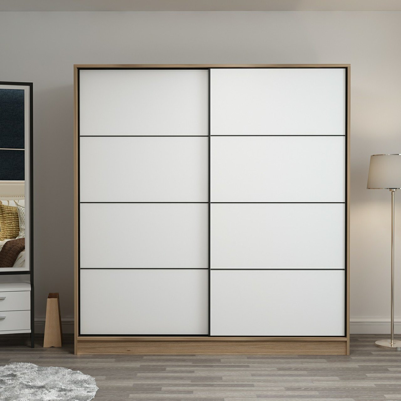 Armario 2 puertas corredizas roble-blanco con espejo 190x60x180 cm