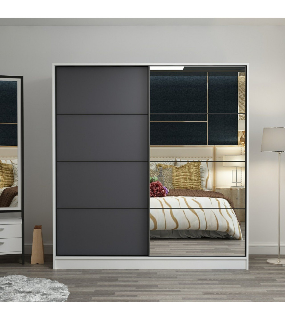 Armoire Coulissante Miroir 2 Portes Blanc Anthracite 190 x 60 x 180