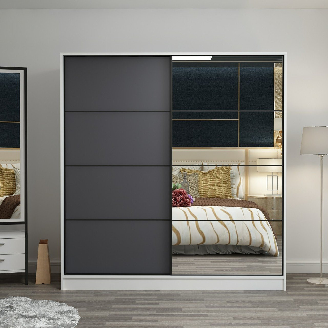 Armoire 2 portes coulissantes blanc-anthracite avec miroir 190x60x180 cm