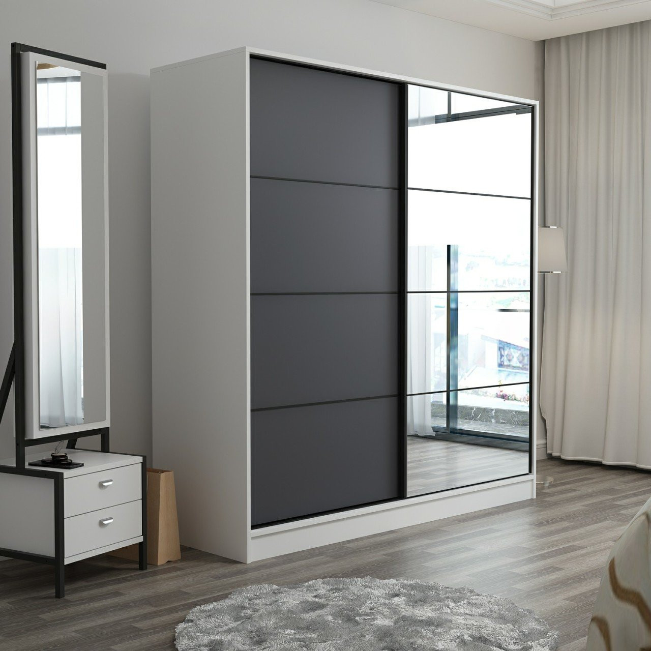 Armoire 2 portes coulissantes chêne-anthracite avec miroir