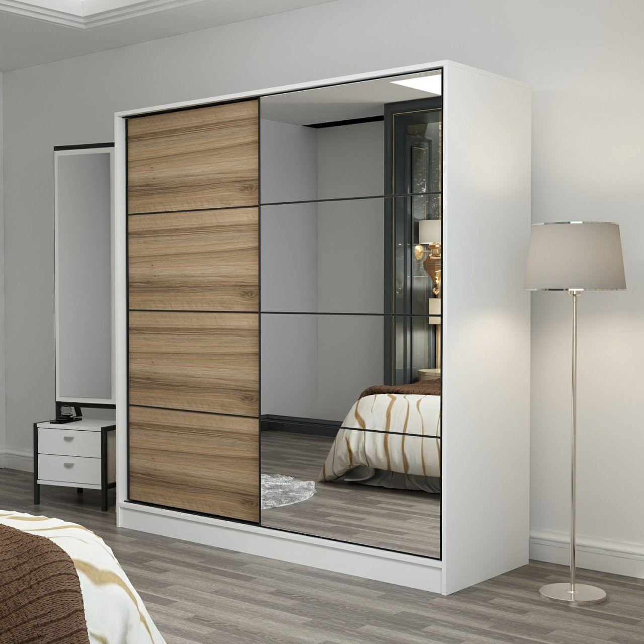 Armoire 2 portes coulissantes chêne-anthracite avec miroir