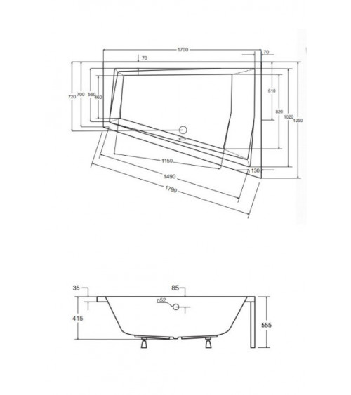 Bañera asimétrica de INTEGRA 150/170 x 75 cm con barrera de la bañera