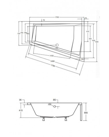 Bañera asimétrica de INTEGRA 150/170 x 75 cm con barrera de la bañera