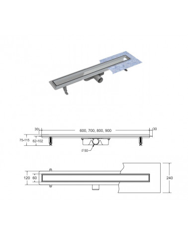 Caniveau de Douche en Acier Inox Italienne Siphon Sol d'évacuation à Carreler pour salle de bain 80cm