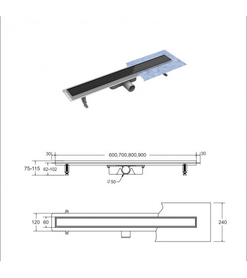 Caniveau de Douche en Acier Inox Italienne Siphon Sol d'évacuation à Carreler pour salle de bain 80cm