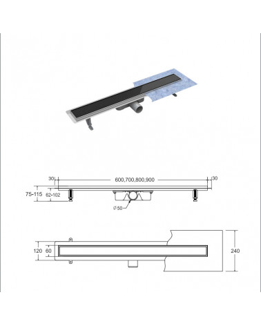 Caniveau de Douche en Acier Inox Italienne Siphon Sol d'évacuation à Carreler pour salle de bain 80cm