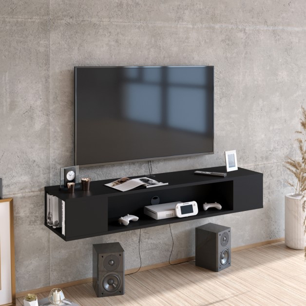 Meuble télé design noir mat + bois, 4 portes amovibles, 200 cm