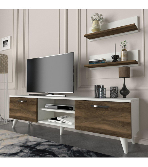 Conjunto mueble TV GEACLES blanco y mármol 150 cm