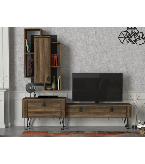 Conjunto mueble TV GEACLES blanco y nogal 150 cm