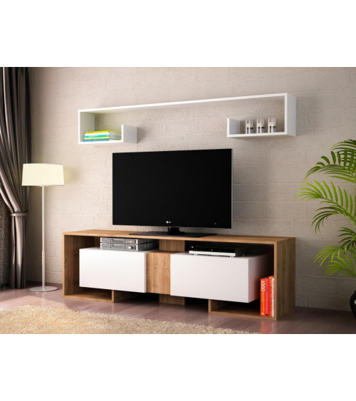 Conjunto mueble TV DORE blanco y nogal 240 cm