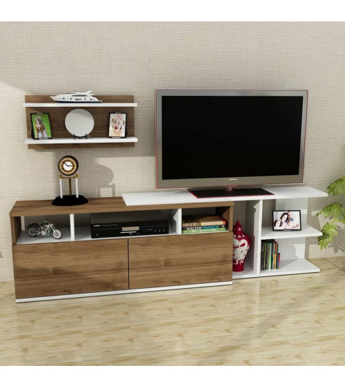 Conjunto mueble TV LEUREN blanco y nogal 140 cm