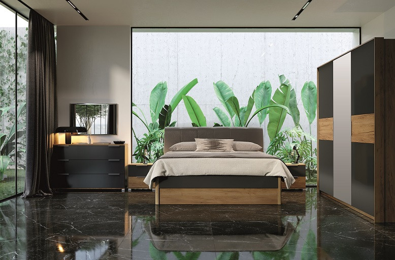 Chambre Romana avec tiroir de rangement, lave mat et chêne clair 160x200 cm