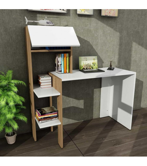 Conjunto escritorio y librería MERINOS blanco y nogal