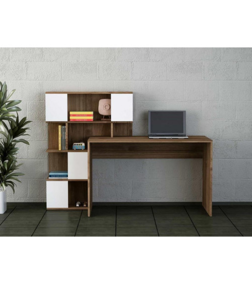 Ensemble bureau et bibliothèque TOTEM blanc noyer