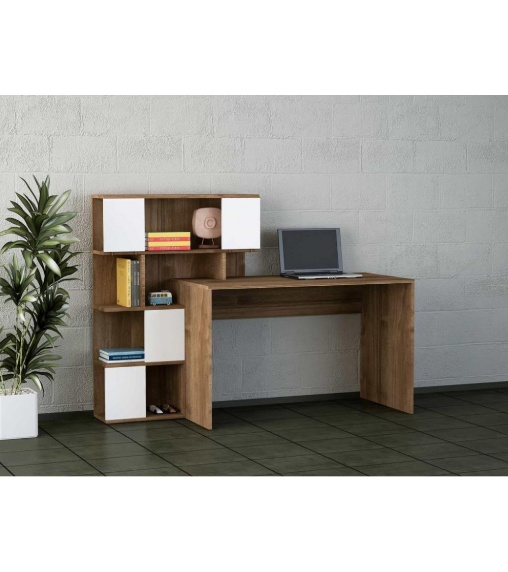 Ensemble bureau et bibliothèque TOTEM blanc noyer