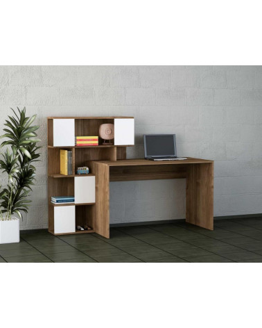 Ensemble bureau et bibliothèque TOTEM blanc noyer