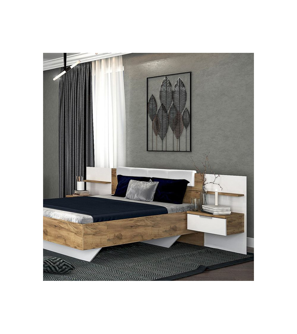 LIT ASTO avec chevets suspendus, blanc laqué et chêne clair 160x200 cm LIT ASTO avec chevets suspendus, blanc laqué et chêne clair 160x200 cm