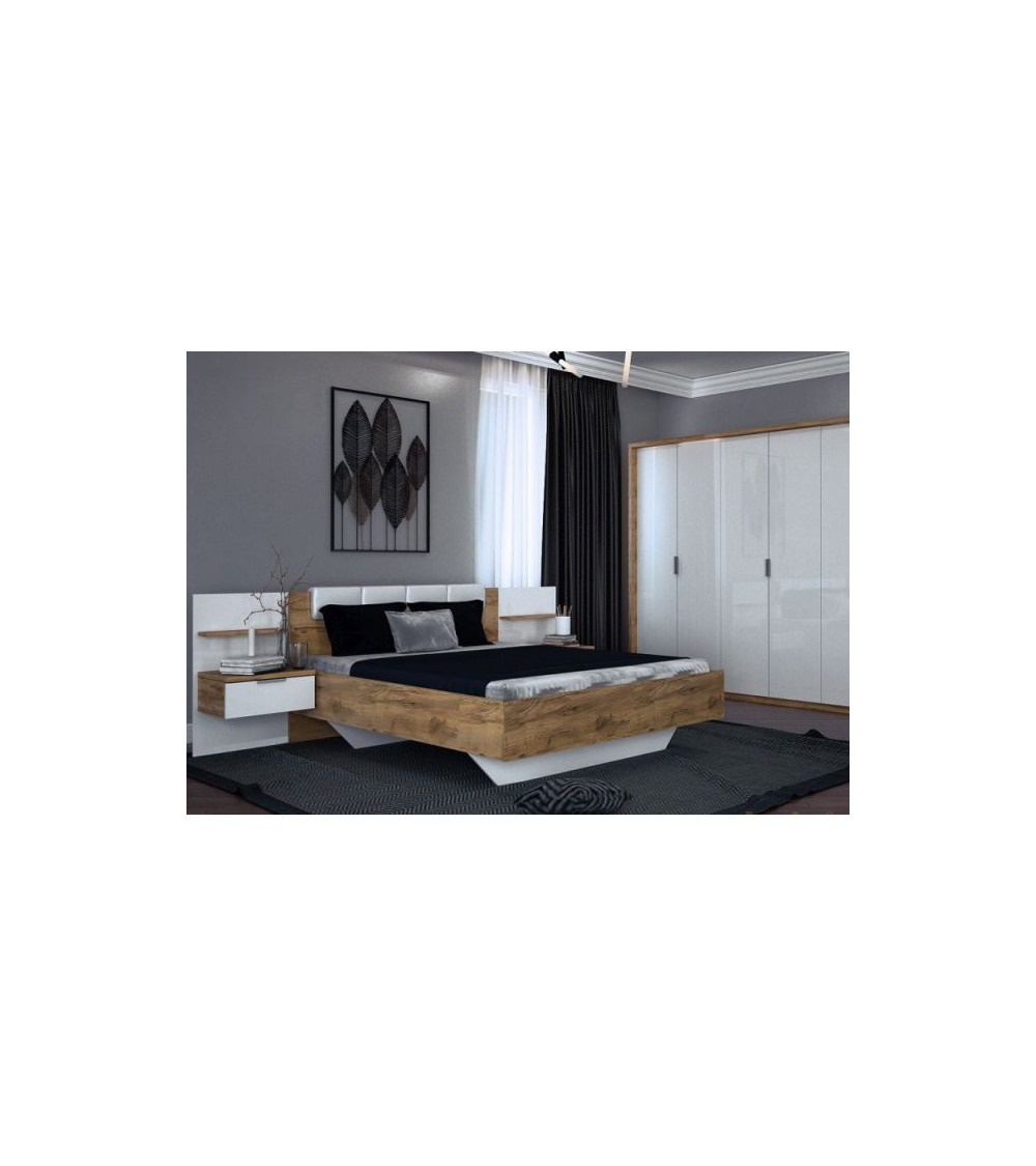 LIT ASTO avec chevets suspendus, blanc laqué et chêne clair 160x200 cm LIT ASTO avec chevets suspendus, blanc laqué et chêne clair 160x200 cm