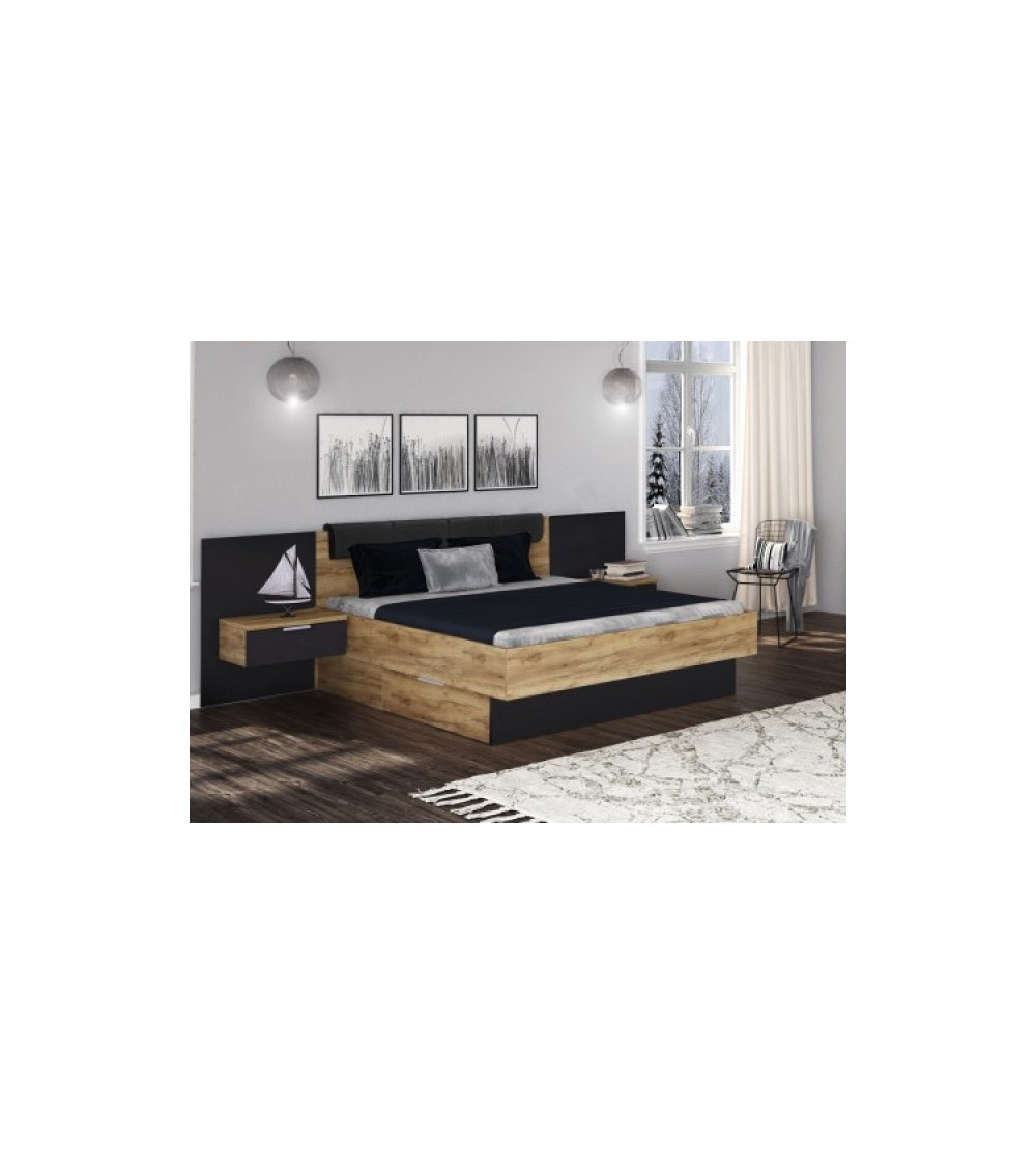 LIT LUNA avec chevets suspendu 160x200 cm Lave mat et chêne clair