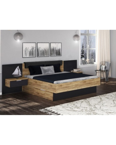 LIT LUNA avec chevets suspendu 160x200 cm Lave mat et chêne clair