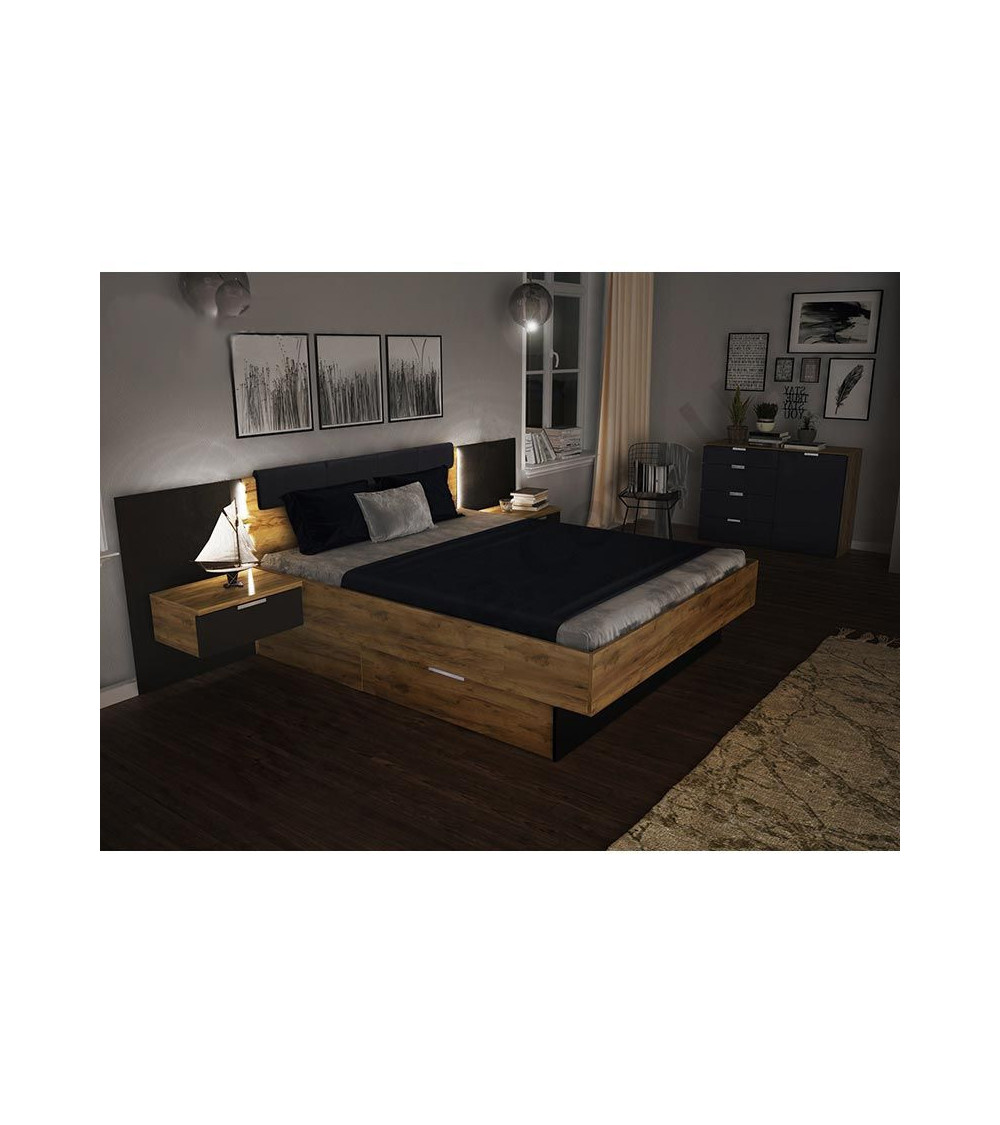 LIT LUNA avec chevets suspendu 160x200 cm Lave mat et chêne clair