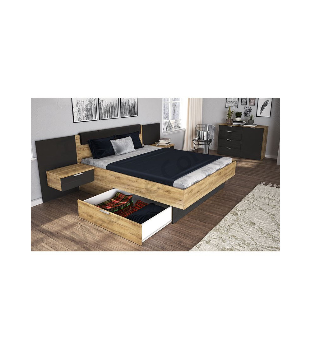 LIT LUNA avec chevets suspendu 160x200 cm Lave mat et chêne clair