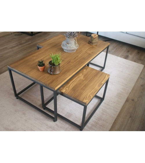 Ensemble table basse + 2 tables gigognes en bois et métal