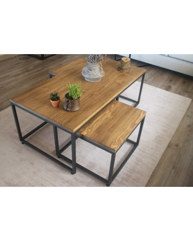 Ensemble table basse + 2 tables gigognes en bois et métal