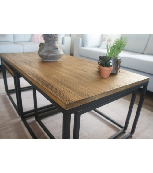 Ensemble table basse + 2 tables gigognes en bois et métal