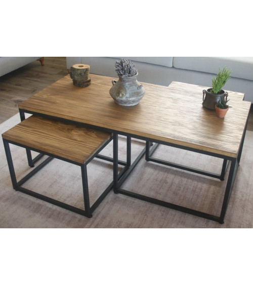 Ensemble table basse + 2 tables gigognes en bois et métal