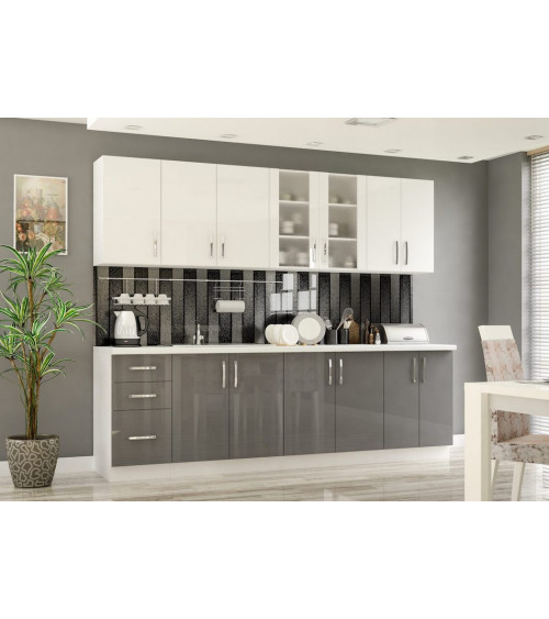 Conjunto muebles de cocina GAMMA blanco-gris brillante 260 cm