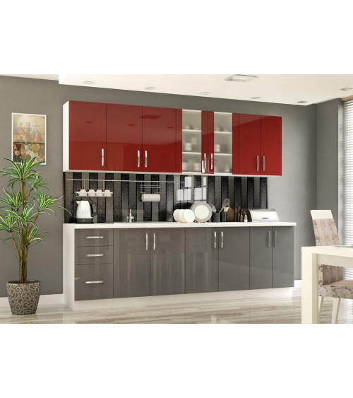Conjunto muebles de cocina GAMMA rojo-blanco-gris brillante 260 cm