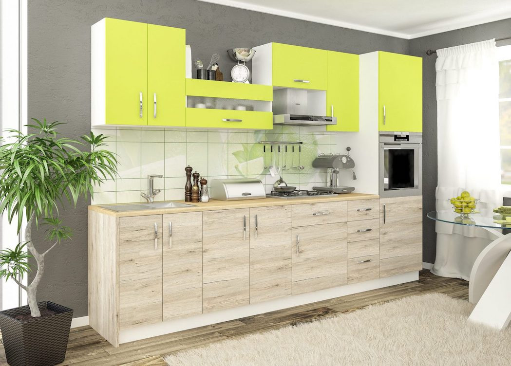 Conjunto muebles de cocina GAMMA verde-blanco-roble 300 cm