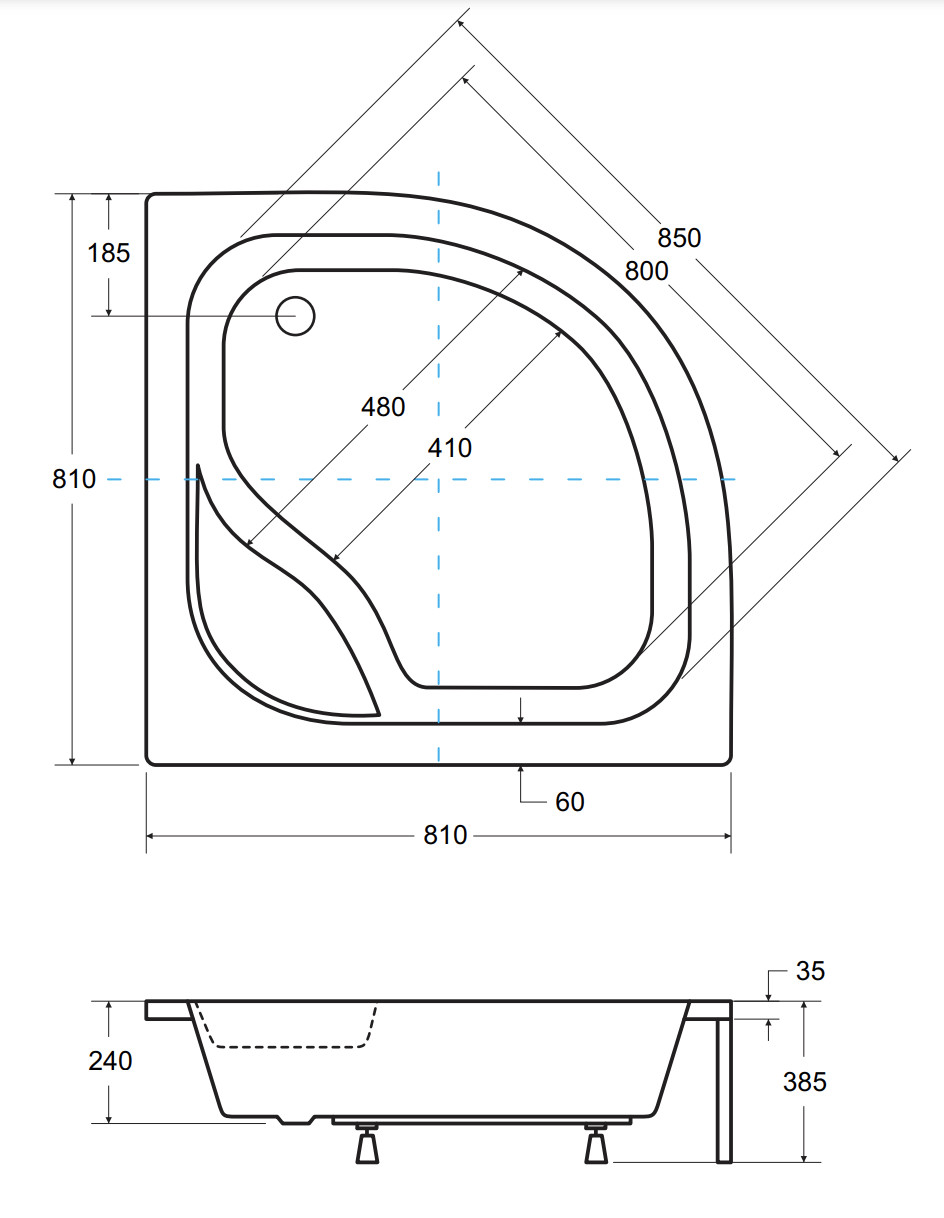 RECEVEUR DE DOUCHE FIN SEMI-CIRCULAIRE EN RÉSINE 80 CM KLIO