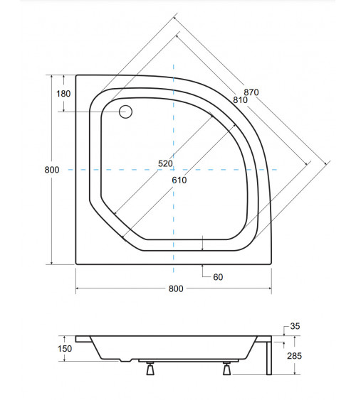 Receveur de douche DIPER II semi-circulaire 80x80 cm et 90x90 cm blanc