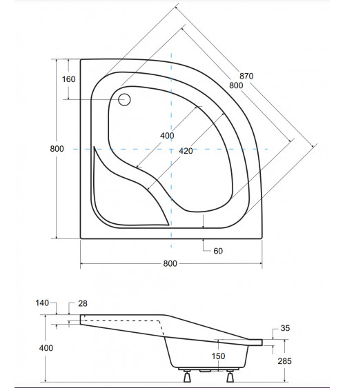 Plato de ducha DIPER I semicircular 80x80 cm et 90x90 cm blanco
