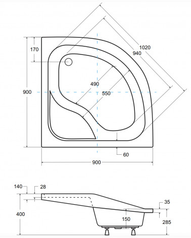 Receveur de douche DIPER I semi-circulaire 80x80 cm et 90x90 cm blanc