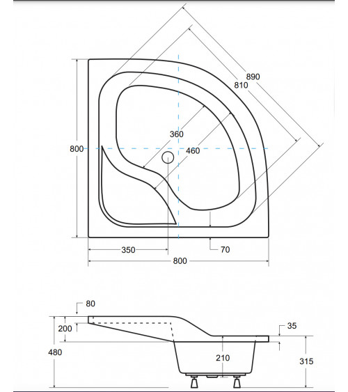 Receveur de douche OLIVER I semi-circulaire 80x80 cm et 90x90 cm blanc