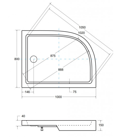 Receveur de douche SATURN asymétrique côté droit 100x80 cm et 120x90 cm blanc