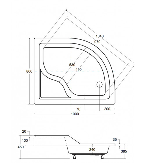 Receveur de douche SATURN asymétrique côté droit 100x80 cm et 120x90 cm blanc