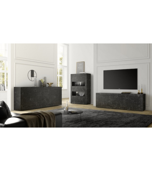 Ensemble vitrine et armoire rangement BASIC marbre gris anthracite